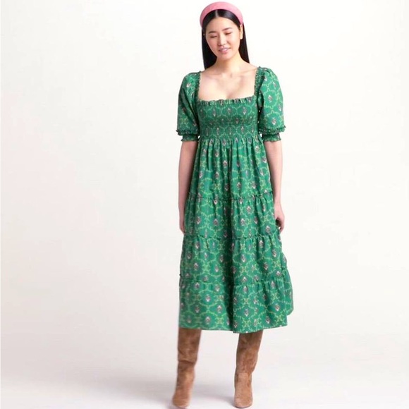 Hill House Dresses Hill House Nesli Nap Dress In Emerald Trellis